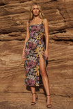 Black Sheath Square Neck Floral Long Wedding Guest Dress with Slit