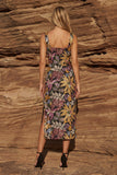Black Sheath Square Neck Floral Long Wedding Guest Dress with Slit