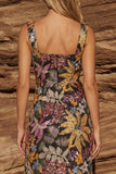 Black Sheath Square Neck Floral Long Wedding Guest Dress with Slit