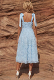 Sky Blue A Line Floral Beaded Sparkly Long Wedding Guest Dress with Bows