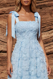 Sky Blue A Line Floral Beaded Sparkly Long Wedding Guest Dress with Bows