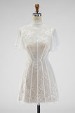 White A Line High Neck Short Wedding Dress with Flutter Sleeves