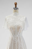White A Line High Neck Short Wedding Dress with Flutter Sleeves