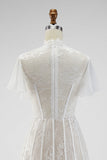 White A Line High Neck Short Wedding Dress with Flutter Sleeves