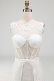 White A Line Corset Lace Midi Wedding Dress with Cape