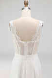 White A Line Corset Lace Midi Wedding Dress with Cape