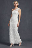 White One Shoulder Sheath Long Wedding Dress with Appliques