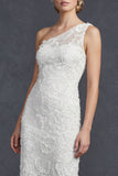 White One Shoulder Sheath Long Wedding Dress with Appliques