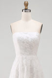 White Strapless High-Low A Line Wedding Dress with 3D Flowers