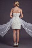 White Bodycon 3D Flowers Spaghetti Straps Short Wedding Dress with Streamer