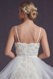 White Bodycon 3D Flowers Spaghetti Straps Short Wedding Dress with Streamer