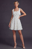 White Bow Straps A Line Short Wedding Dress with 3D Flowers