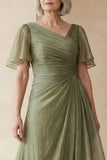 Dusty Sage A Line Ruched Mother of the Bride Dress with Short Sleeves