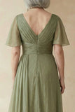 Dusty Sage A Line Ruched Mother of the Bride Dress with Short Sleeves