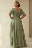 Dusty Sage A Line Ruched Short Sleeves Plus Size Mother Of The Bride Dress with Ruffles