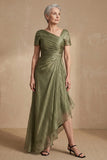 Dusty Sage Ruched A Line Short Sleeves Long Mother of the Bride Dress