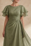 A Line Dusty Sage Boat Neck Ruched Mother of the Bride Dress with Ruffle Sleeves