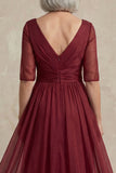 Red V-Neck A Line Half Sleeves Mother of the Bride Dress