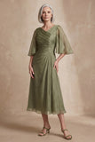 Dusty Sage A Line Pleated Half Sleeves Midi Mother of the Bride Dress