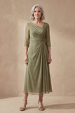 A Line Dusty Sage Ruched V-Neck Midi Mother of the Bride Dress