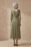 A Line Dusty Sage Ruched V-Neck Midi Mother of the Bride Dress