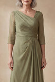 A Line Dusty Sage Ruched V-Neck Midi Mother of the Bride Dress