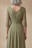 A Line Dusty Sage Ruched V-Neck Midi Mother of the Bride Dress