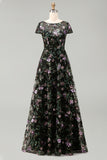 Black A-Line Floral Round Neck Long Mother Of the Bride Dress with Sequins