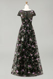 Black A-Line Floral Round Neck Long Mother Of the Bride Dress with Sequins