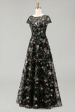 Black A-Line Floral Round Neck Long Mother Of the Bride Dress with Sequins