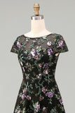 Black A-Line Floral Round Neck Long Mother Of the Bride Dress with Sequins