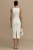 White Sheath Cut Out Round Neck Midi Satin Engagement Dress