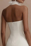 Halter A-Line Ruched Little White Dress