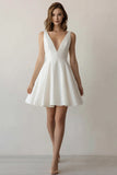 White A-line V-Neck Satin Simple Graduation Dress