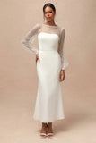 White Sheath Bateau Neck Long Engagement Dress with Long Sleeves