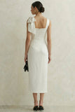 White Square Neck Sheath Midi Bridal Shower Dress with Bow