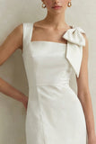 White Square Neck Sheath Midi Bridal Shower Dress with Bow
