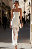 Strapless White Sheath Long Engagement Dress with Lace