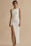 White Sheath Ruched Bateau Neck Long Engagement Dress with Slit