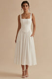 White Square Neck A-Line Corset Long Rehearsal Dinner Dress with Pockets