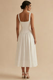 White Square Neck A-Line Corset Long Rehearsal Dinner Dress with Pockets