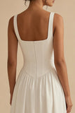 White Square Neck A-Line Corset Long Rehearsal Dinner Dress with Pockets