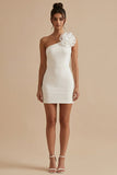 One Shoulder Bodycon Little White Dress with 3D Flowers