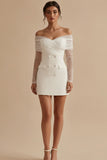 Off the Shoulder Double Breasted Bodycon Little White Dress with Long Sleeves