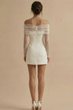 Off the Shoulder Double Breasted Bodycon Little White Dress with Long Sleeves