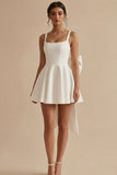 Satin A-Line Square Neck Little White Dress with Large Bow