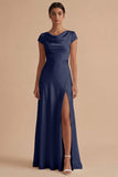 White Cowl Neck Sheath Long Rehearsal Dinner Dress with Slit