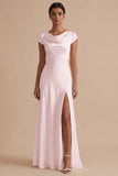 White Cowl Neck Sheath Long Rehearsal Dinner Dress with Slit