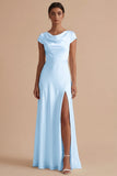 White Cowl Neck Sheath Long Rehearsal Dinner Dress with Slit