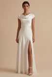 White Cowl Neck Sheath Long Rehearsal Dinner Dress with Slit